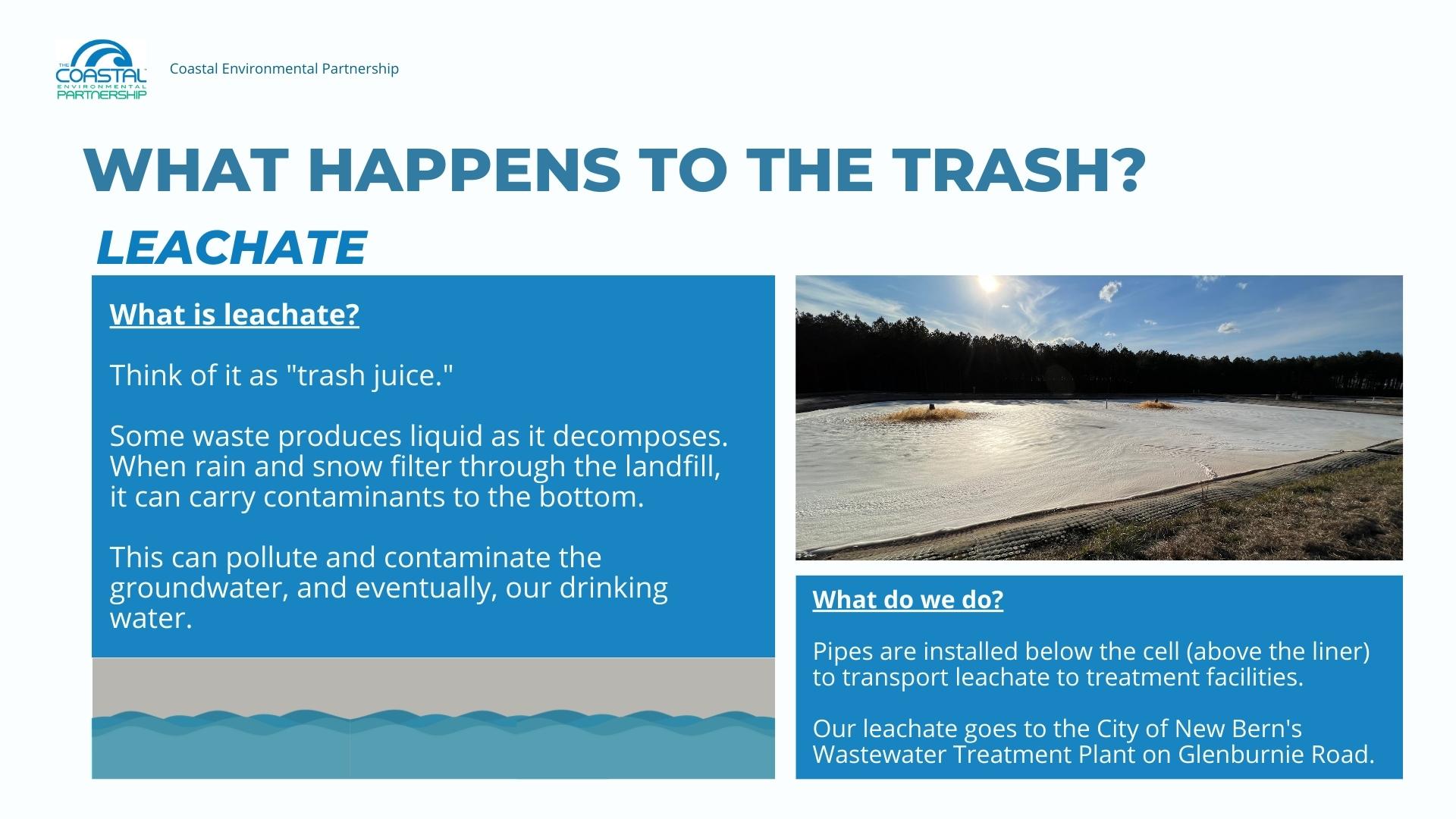 Leachate slide. Leachate is like "trash juice." Some waste produces liquid as it decomposes. When rain and snow filter through the landfill, it can carry contaminants to the bottom. This can pollute and contaminate the groundwater, and eventually, our drinking water. We use pipes installed below the cell to transport leachate to treatment facilities.