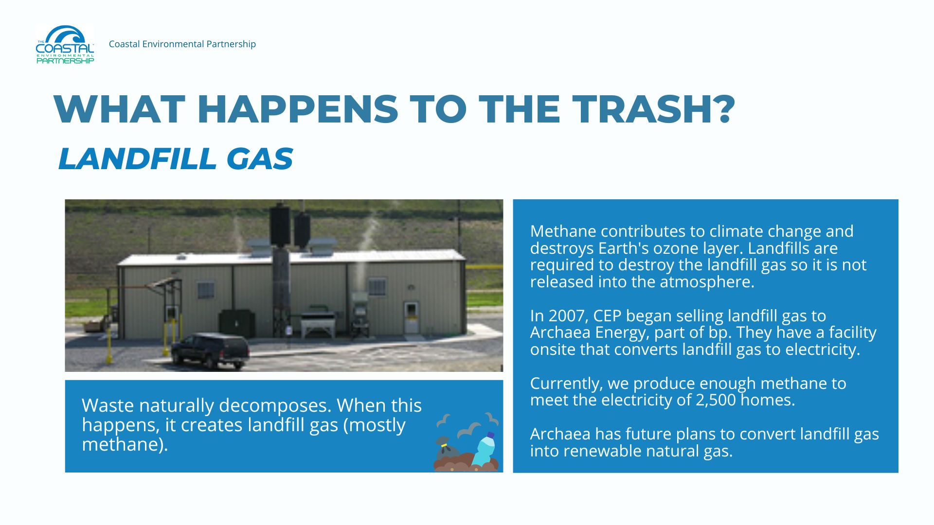 Waste naturally decomposes. When this happens, it creates landfill gas (mostly methane). Methane contributes to climate change and destroys Earth's ozone layers. Landfills are required to destroy the landfill gas so it is not released into the atmosphere. CEP sells landfill gas to Archaea Energy, who then converts to electricity. There are future plans for Archaea to convert landfill gas into renewable natural gas (RNG).